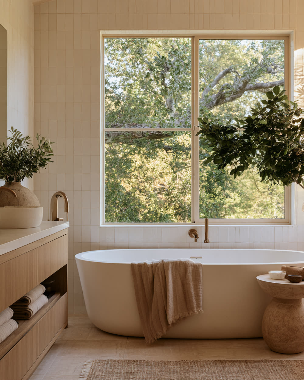 A serene remodeled bathroom with a soaking tub and warm white tile