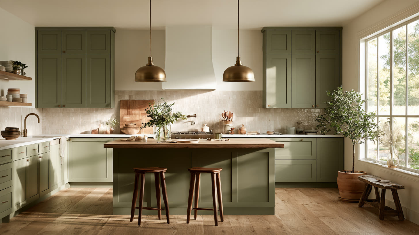 Sage shaker cabinets in a finished kitchen